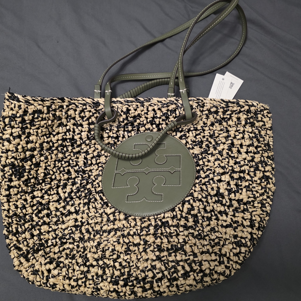 Tory Burch Green and Cream Woven Tote Bag